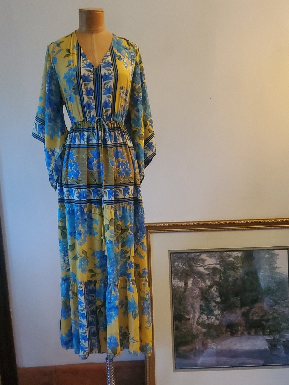 Flowing Yellow & Blue Floral V-Neck Maxi Dress